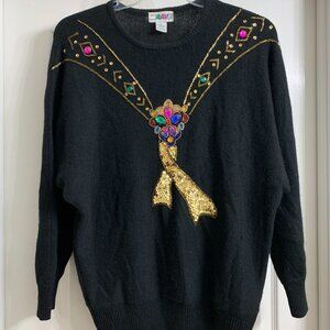 Vintage RAVE Brand Women's Black Sweater with Sequins, Beading, Size L